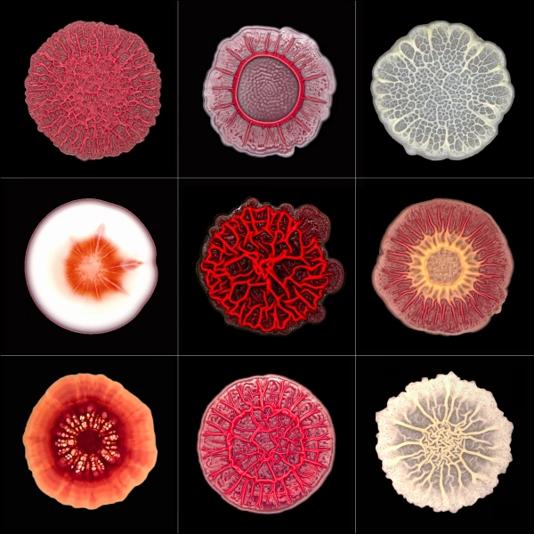 Как странная форма биопленки возникает из клеточной геометрии 4 : Коллаж изображений круглых биопленок, каждая из которых имеет необычную влажную волокнистую форму.