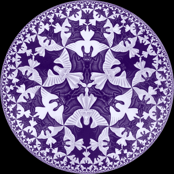 Круглая гравюра на дереве с постоянно уменьшающимися рисунками летучих мышей, расположенными в едином узоре.