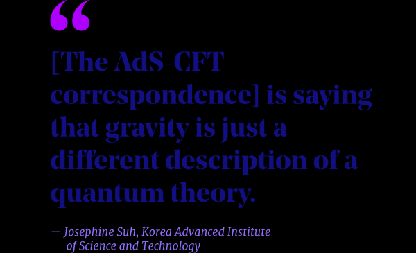 Цитата, которая гласит: «[Соответствие AdS-CFT] говорит о том, что гравитация — это просто другое описание квантовой теории». — Джозефин Су, Корейский передовой институт науки и технологий