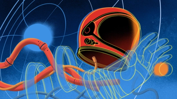 Иллюстрация шлема и перчатки астронавта, напоминающих голограмму и падающих в черную дыру.