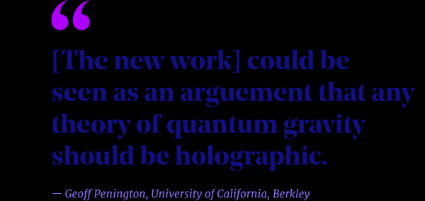 Цитата, которая гласит: «[Новая работа] может рассматриваться как аргумент в пользу того, что любая теория квантовой гравитации должна быть голографической». – Джефф Пенингтон, Калифорнийский университет в Беркли