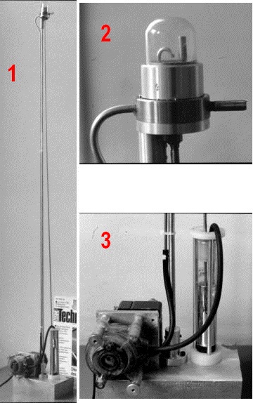 Фото 4.1. К слову о капельных насосах: вот как реализовал такую конструкцию современник и соотечественник г-на Минье — «широко известный в узких кругах» энтузиаст лампового дела, радиолюбитель Клод Пайяр (F2FO) — конструкция металлическая (нержавеющая сталь + стекло) и закрытая, подъём стёкшей ртути выполняется автоматически, перистальтическим насосом. На фото: 1 — общий вид; 2 — вид на капельную камеру; 3 — приёмный сосуд внизу, перистальтический насос