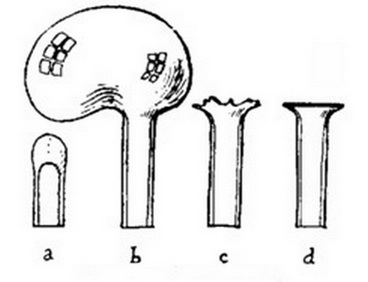 Рис. 2.1. Развальцовка-юбочка на конце трубки. Применяется для изготовления, например, гребешковых ножек ламп. Обычно операция выполняется специальным инструментом — развёрткой, г-н Минье делает её продувкой — конец стеклянной трубки оплавляется в каплю (а), и немедленно сильно раздувается в тончайший пузырь (b), разрушающийся прижатием заготовки к твёрдой ровной поверхности ©. Оставшиеся на утолщённом основании зазубрины оплавляем (d). Способ проще классического и требует меньшей квалификации мастера. Края таких вороночек, однако, удаются не вполне ровными, дальнейшая работа с такими деталями осложняется