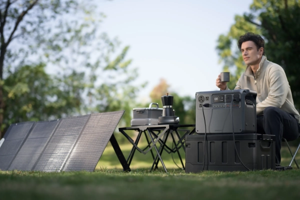 DJI Power 2000 питает кемпинг, одновременно заряжаясь от солнечной батареи. На земле контроллер MPPT подключен к одному из двух портов SDC через фирменный донгл DJI.