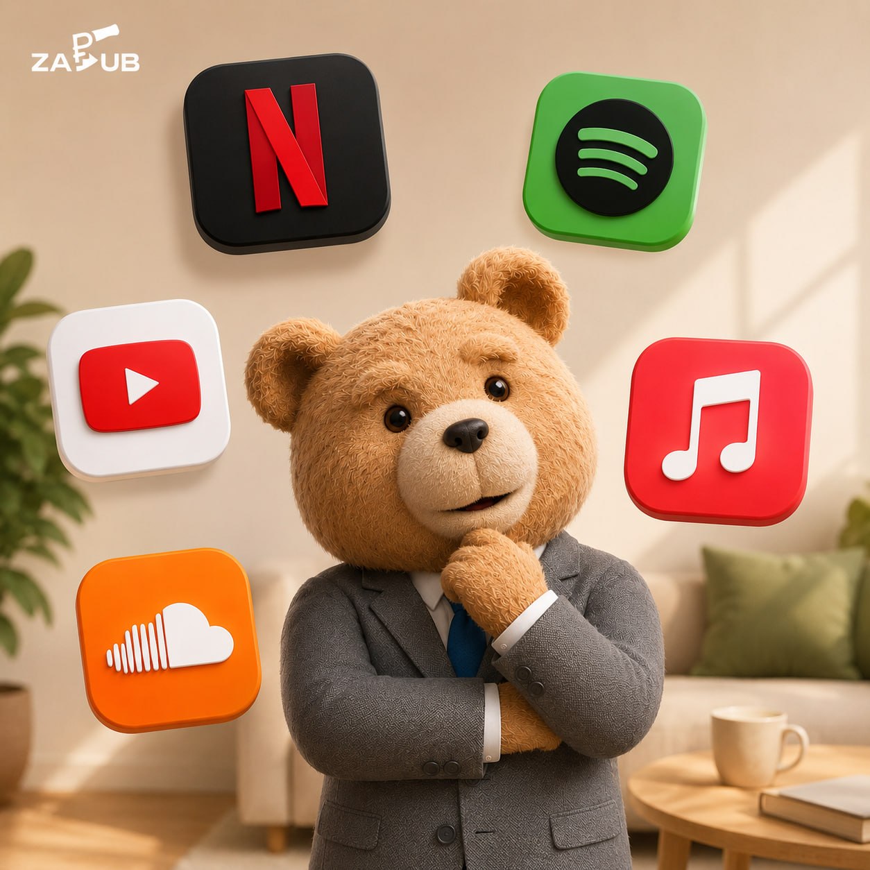 ZARUB мишка с иконками стримингов — Netflix, Spotify, YouTube Premium, Apple Music, SoundCloud