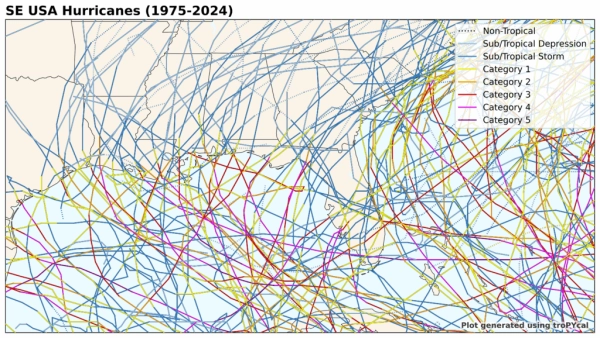 Карта траекторий ураганов, обозначенных цветом по категориям, наложенная на юго-восток США. Диапазон дат: 1975–2024 годы.