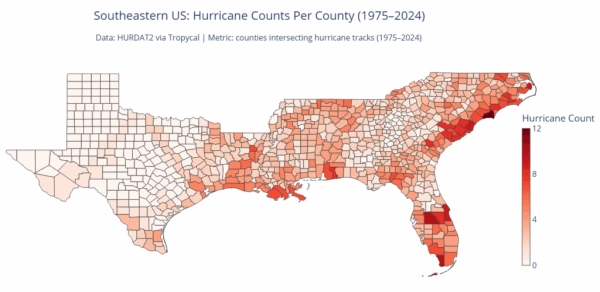 Карта-схема в оттенках красного с указанием количества ураганов по округам за период 1975-2024 гг.