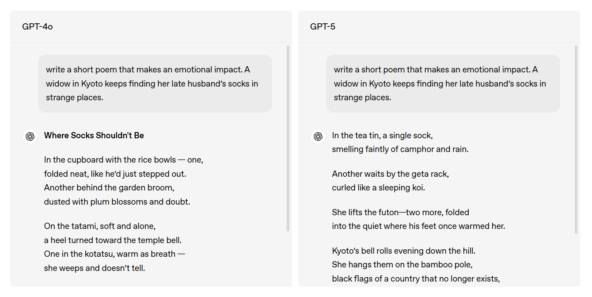 OpenAI представила GPT-5 — она будет доступна в том числе бесплатным пользователям 3 Сравнение, как GPT-4o и GPT-5 справились с задачей написать стихотворение. Источник: OpenAI