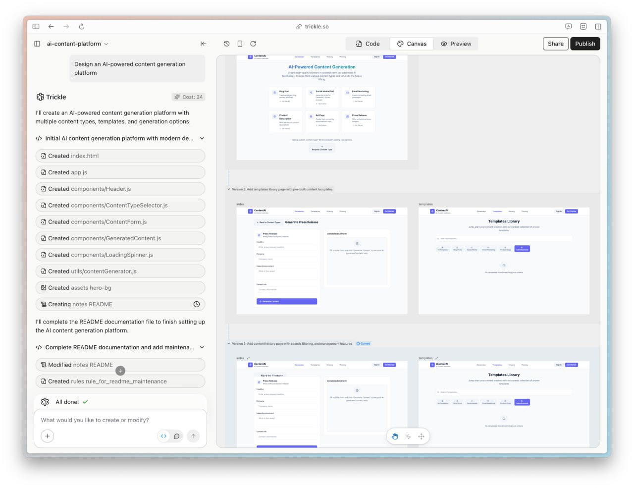 Вышел продвинутый ИИ-агент для создания сайтов Trickle Генерирует сложные приложения... 1 file 409