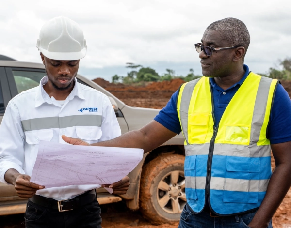 Двое мужчин в спасательных жилетах стоят в грязной местности и просматривают документ.