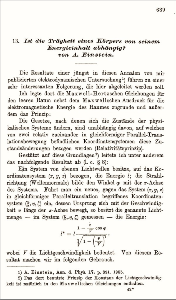 Первая страница работы Эйнштейна "Зависит ли инерция тела от содержащейся в нем энергии?" - Ist die Trägheit eines Körpers von seinem Energieinhalt abhängig? Ann. Phys., 1905, 18, 639–641.