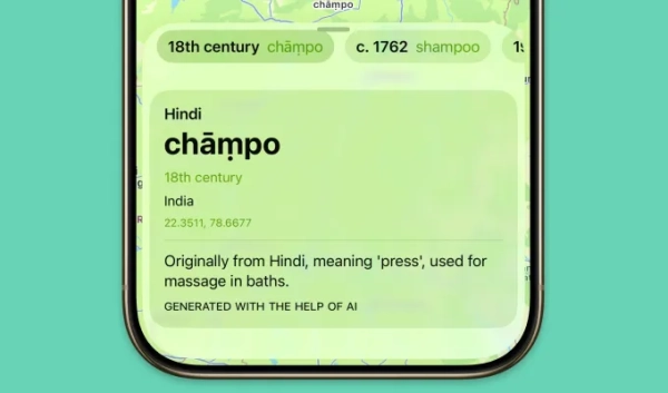 Как разработчики используют локальные модели ИИ Apple в iOS 26 5 Скриншот приложения «Поиск» с картой, показывающей происхождение слова.