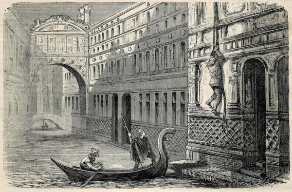 Побег Казановы из дворцовой тюрьмы Пьомби в Дворце Дожей на фоне Моста Вздохов. Историки долгое время считали, что на самом деле он сбежал, просто подкупив стражу, а в мемуарах изобразил историю романтичнее, чем было — но позже в архивах Дворца Дожей нашли документацию по ремонту разломанной беглецами кладки Побег Казановы из дворцовой тюрьмы Пьомби в Дворце Дожей на фоне Моста Вздохов. Историки долгое время считали, что на самом деле он сбежал, просто подкупив стражу, а в мемуарах изобразил историю романтичнее, чем было — но позже в архивах Дворца Дожей нашли документацию по ремонту разломанной беглецами кладки