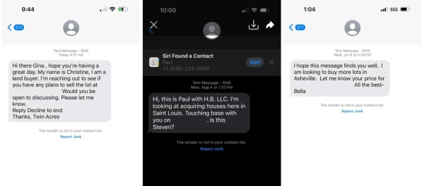 Спекулянты на рынке недвижимости устремляются скупать дома, пострадавшие от стихийных бедствий 4 Скриншоты текстовых сообщений от инвесторов в недвижимость, желающих купить дома после стихийных бедствий, опубликованные...