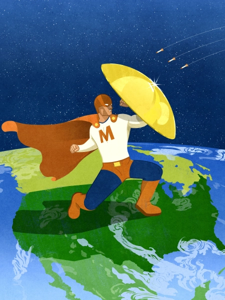 Почему идея противоракетной обороны «Золотой купол» Трампа — это ещё одна экранизация кинофильмов 1 Фигурка супергероя с буквой М на груди, держащая золотой щит против трёх ракет, стоящая на планете Земля