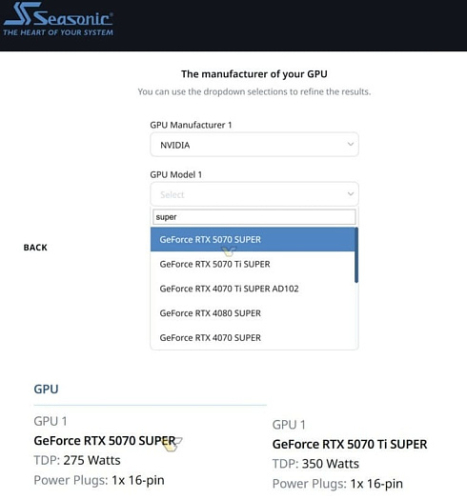 В калькуляторе мощности БП от Seasonic появились видеокарты NVIDIA RTX 5000 SUPER