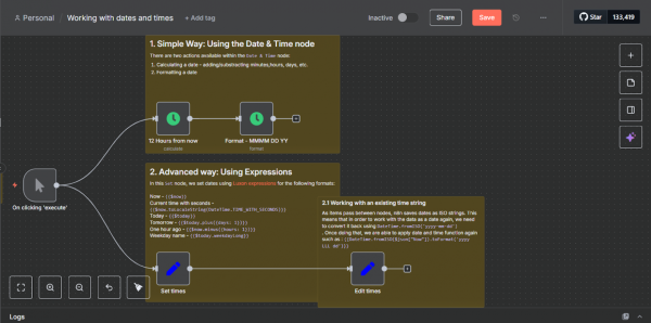 Графический интерфейс n8n с заметками, объясняющими, как работают различные узлы в рабочем процессе.