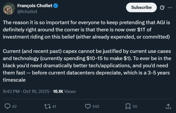 Франсуа Шолле: Если ты подписался на $1 трлн капиталовложений в AI-инфраструктуру – то тебе придется делать вид, что сильный AGI уже совершенно точно находится вот-вот уже прямо за следующим поворотом… Франсуа Шолле: Если ты подписался на $1 трлн капиталовложений в AI-инфраструктуру – то тебе придется делать вид, что сильный AGI уже совершенно точно находится вот-вот уже прямо за следующим поворотом…