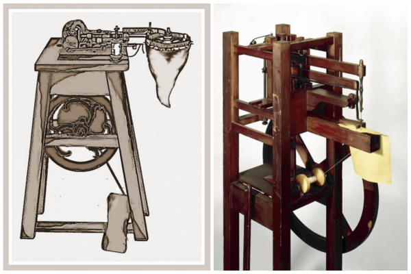 Слева — машина Бальтазара Кремса с ножным приводом (как у ткацких станков) для шитья шапок и шляп — один из множества конструктивов, которые так и не стали серийными.Справа — машина Тимонье была первой попыткой сделать массовое производство одежды механическим способом Слева — машина Бальтазара Кремса с ножным приводом (как у ткацких станков) для шитья шапок и шляп — один из множества конструктивов, которые так и не стали серийными.Справа — машина Тимонье была первой попыткой сделать массовое производство одежды механическим способом