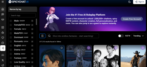 От дипфейков до этичного порно: как ИИ меняет индустрию контента для взрослых 2 Главная страница Spicychat. В меню слева 一 90 категорий. Среди них: «Аниме», «Романтика», «Фэнтези», «Партнёр», «Злодеи». Источник: spicychat.ai