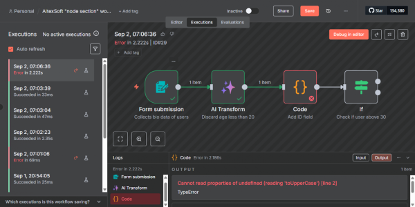 Неудавшееся выполнение рабочего процесса n8n