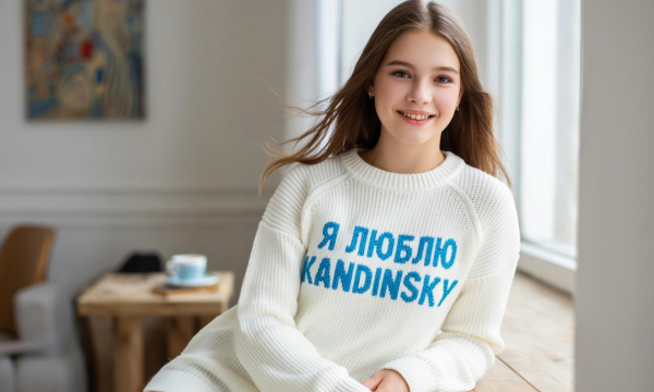 Prompt: Красивая рекламная съемка. Очень симпатичная молодая женщина с каштановыми волосами в белоснежном вязаном свитере на котором голубыми шерстяными нитками с блестками вывязана надпись Я люблю KANDINSKY