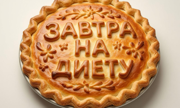 Prompt: Красивый большой пирог украшенный аппетитными запеченными цветами из теста. На пироге буквами из теста с запеченной корочкой написано завтра на диету