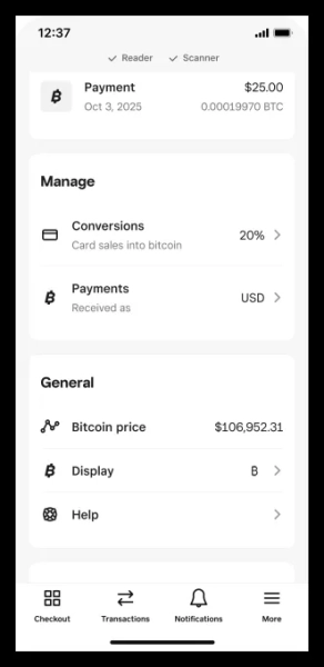 Скриншот приложения Square на стороне продавца, демонстрирующий функциональность биткоин-кошелька, позволяющего хранить и торговать криптовалютой.
