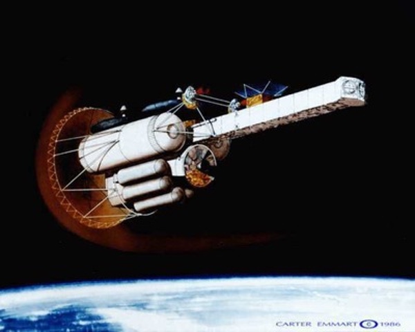 Корабли Habitat меняли бы свою траекторию полёта с помощью аэроторможения в атмосфере Земли для дооснащения и повторного использования в следующем рейсе. Изображение: Картер Эммарт Корабли Habitat меняли бы свою траекторию полёта с помощью аэроторможения в атмосфере Земли для дооснащения и повторного использования в следующем рейсе. Изображение: Картер Эммарт