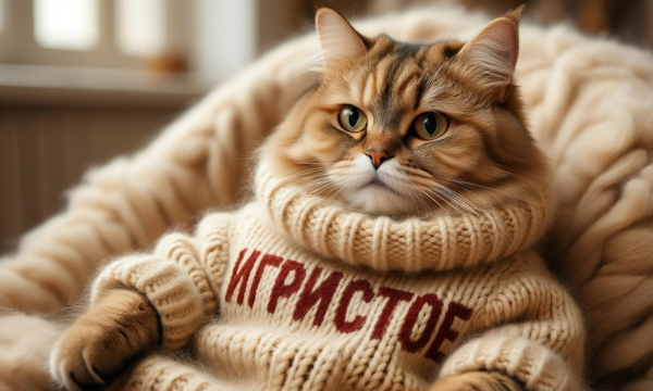 Prompt: Шикарный толстый пушистый кот в вязаном свитере на котором написано ИГРИСТОЕ