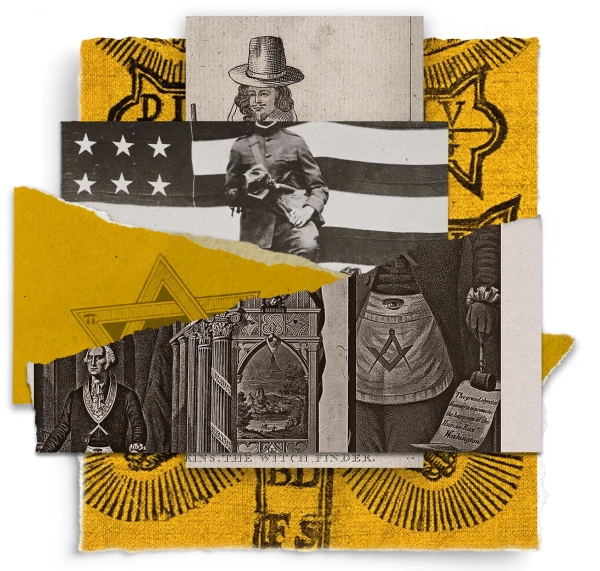 Эзотерические символы и фигуры на рваной бумаге, включая охотника на ведьм, Джорджа Вашингтона и солдата времен Гражданской войны