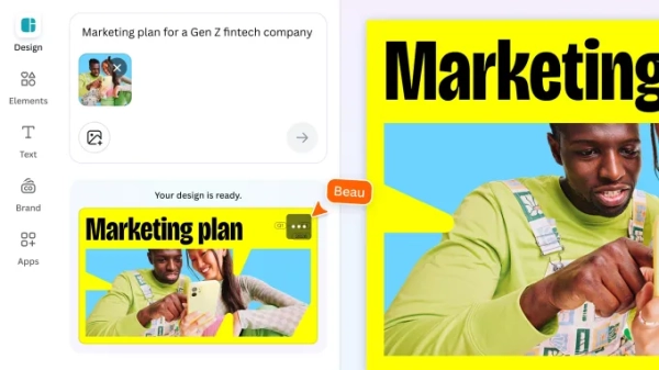 Скриншот, демонстрирующий новый искусственный интеллект Canva, доступный в разделах «Дизайн» и «Элемент».