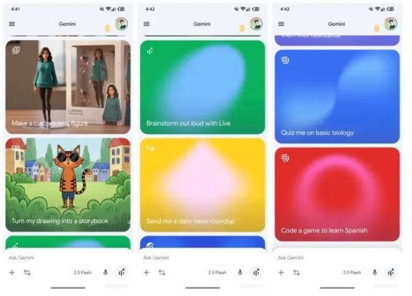 Приложение Gemini AI от Google вскоре может получить существенную модернизацию 3 скриншоты, демонстрирующие новый интерфейс Gemini с красочными подсказками и изображениями
