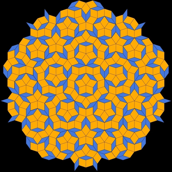 В мозаиках Пенроуза плитки двух или более форм образуют неповторяющиеся узоры, обладающие пятикратной симметрией.