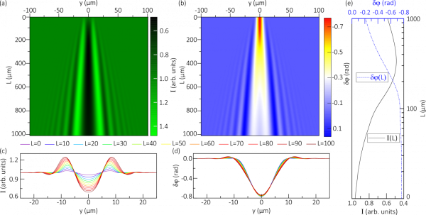 Рисунок 3. Дифракционные карты интенсивности (a) и сдвига фазы (b) плоской волны (с длиной волны 532 нм), смоделированные позади плазменной нити диаметром 20 мкм на дистанции до L=1 см (относительно выходной плоскости плазменного объекта). Иллюстрация поведения интенсивности (c) и сдвига фазы (d) дифрагированной волны позади объекта в периферийном направлении, а также вдоль её распространения (e) в плоскости с координатой y=0.  Яркостная картина дифракции излучения (в терминах изменений интенсивности лазерного излучения) в направлении распространения зондирующего пучка за объектом характеризуется значительным падением интенсивности волны (плазменные нити действуют как отрицательные цилиндрические линзы), тогда как на периферии картина представлена чередованием мелкомасштабных зон с увеличением или уменьшением интенсивности излучения, укладывающихся в дифракционный конус, угол при вершине которого совпадает с областью, содержащей плазменный объект. Фазовая картина дифракции излучения также характеризуется многочисленными флуктуациями, а её максимальное значение достигается в выходной плоскости объекта. По мере удаления от объекта яркостная и фазовая картины объекта становятся более искаженными в виду усиления дифракционных эффектов. Источник: Physical Review E.