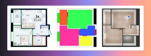 Этапы разметки квартиры моделью и вид сверху полученной 3D‑модели