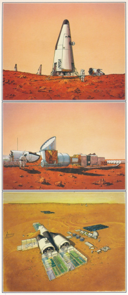 Пилотируемые посадочные аппараты предварялись бы грузовыми посадочными. План состоял в создании базы с постоянным присутствием экипажа. Изображения: Картер Эммарт Пилотируемые посадочные аппараты предварялись бы грузовыми посадочными. План состоял в создании базы с постоянным присутствием экипажа. Изображения: Картер Эммарт