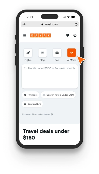 снимок экрана, демонстрирующий «режим ИИ» Kayak на его веб-сайте, сделанный на iPhone.