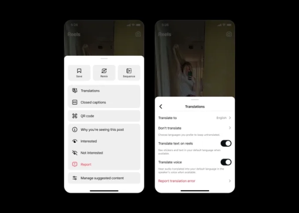 Скриншоты меню в интерфейсе Instagram для управления переводом на основе искусственного интеллекта для Reels. Пользователи могут включать/отключать голосовой и текстовый перевод.