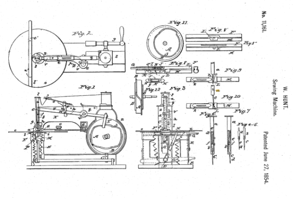 Патент Уолтера Ханта 1854 года, уже ни на что не влияющий. Кроме швейной машины, он придумал английскую булавку, машину для подметания улиц, самозакрывающиеся чернильницы и еще десятки интересных изобретений Патент Уолтера Ханта 1854 года, уже ни на что не влияющий. Кроме швейной машины, он придумал английскую булавку, машину для подметания улиц, самозакрывающиеся чернильницы и еще десятки интересных изобретений