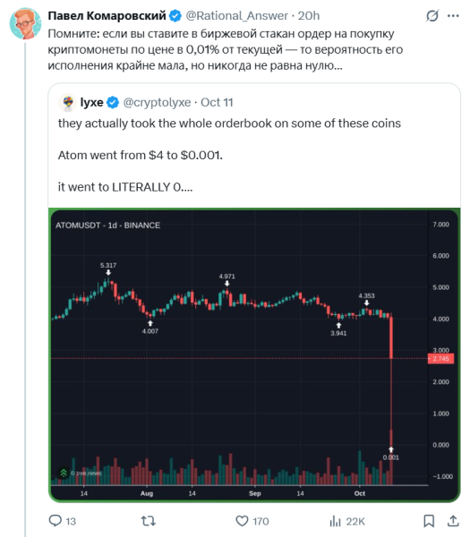 На Бинансе в «момент Х» некоторые альткоины просели буквально до нуля (правда, пишут, что нормально торговать в этот момент криптобиржа уже не давала)