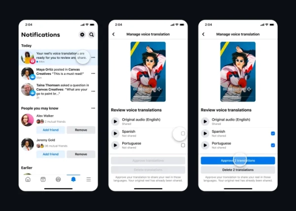Скриншоты интерфейса Facebook для создателей контента, на которых показаны экраны для просмотра, проверки и одобрения переводов их отзывов, выполненных с помощью искусственного интеллекта.