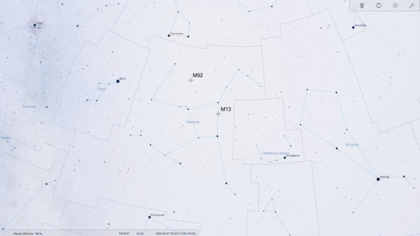 Расположение шаровых звёздных скоплений M13 и M92 на звёздной карте в созвездии Геркулеса.Изображение является скриншотом программы Stellarium Расположение шаровых звёздных скоплений M13 и M92 на звёздной карте в созвездии Геркулеса.Изображение является скриншотом программы Stellarium