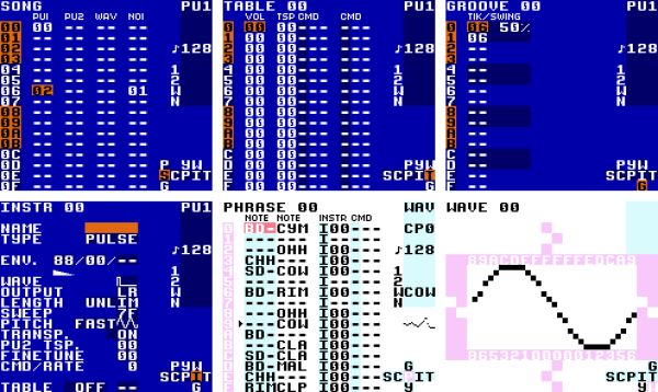 Скриншоты интерфейса LSDj в версии для Game Boy Color