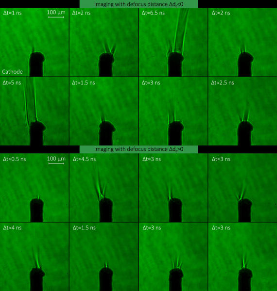 Рисунок 6. Лазерная теневая фотосъёмка плазменных микроструктур во время импульсного наносекундного разряда в атмосферном воздухе в условиях отрицательного и положительного эффектов дефокусировки. Длина волны излучения 532 нм. Источник: Physical Review E.