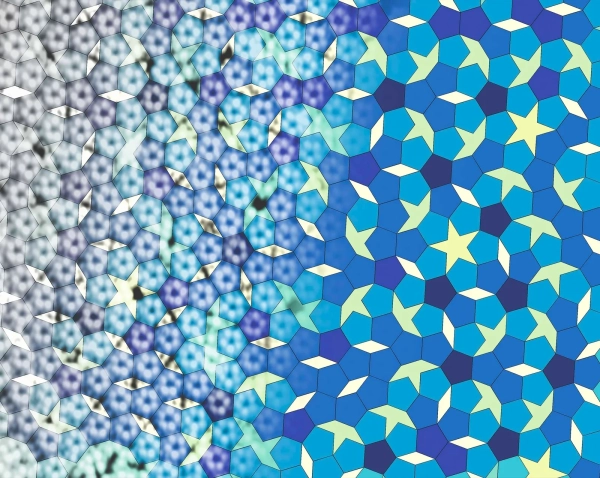 На изображение квазикристалла, состоящего из молекул ферроценкарбоновой кислоты, полученное с помощью сканирующего туннельного микроскопа, наложено...