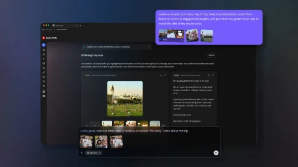Наглядное изображение, демонстрирующее прототипы нового проекта кросс-прикладного помощника Adobe, представляющего собой систему, которая получает данные из всех своих приложений.