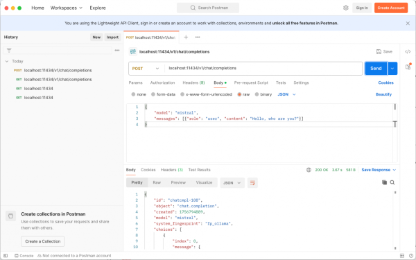 Отправка запроса в модель через Postman. Для целей демонстрации ollama не была опубликована в интернет по соображениям безопасности, а на локальный узел порт был опубликован через механизм ssh port forward