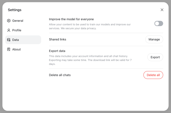 Отключаем обучение DeepSeek на ваших данных в веб-версии