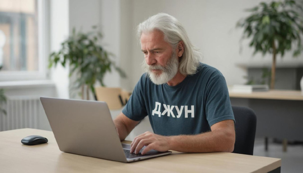 Prompt: Стильный старик с длинными седыми волосами и бородой сидит за ноутбуком в офисе в футболке на которой написано Джун